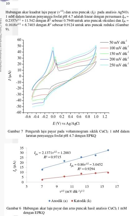 Gambar 6  Hubungan akar laju payar dan arus puncak hasil analisis CuCl2 1 mM dengan EPKQ 