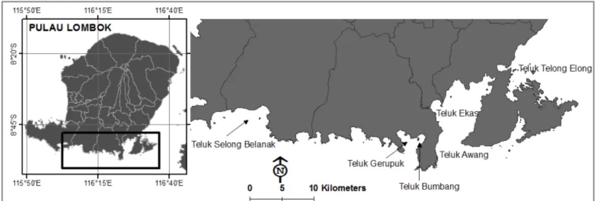 Gambar 2. Peta kawasan penghasil benih lobster di Pulau Lombok, Nusa Tenggara Barat.