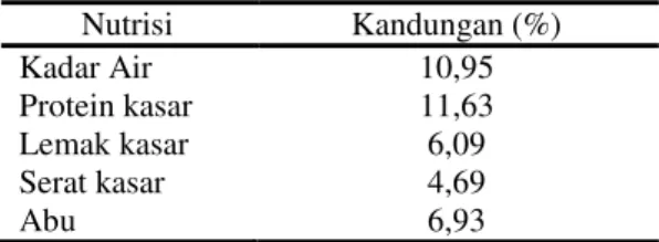 Tabel  1.  Kandungan  nutrisi  ransum  berdasarkan  analisis proksimat  Nutrisi  Kandungan (%)  Kadar Air  10,95  Protein kasar  11,63  Lemak kasar  6,09  Serat kasar  4,69  Abu  6,93 