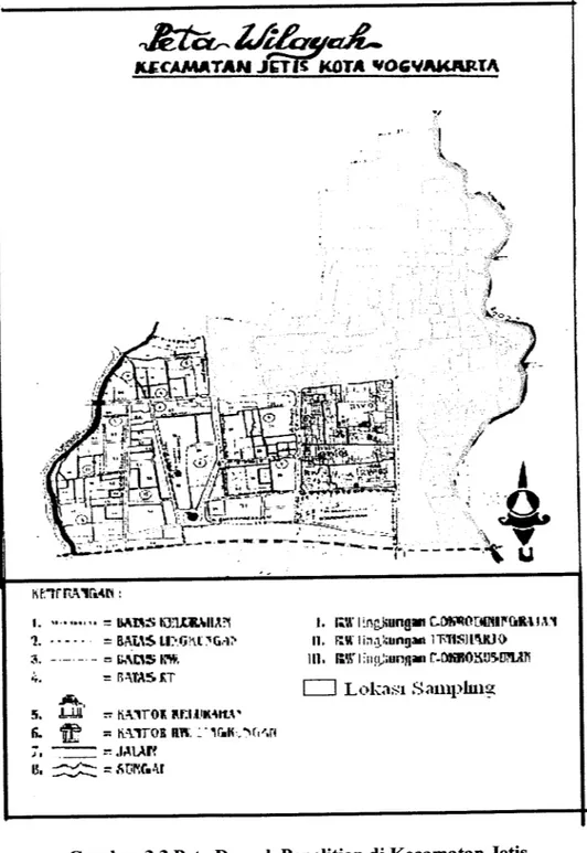 Gambar 3.3 Peta Daerah Penelitian di Kecamatan Jetis (Sumber: Kantor Kecamatan Jetis,2007)