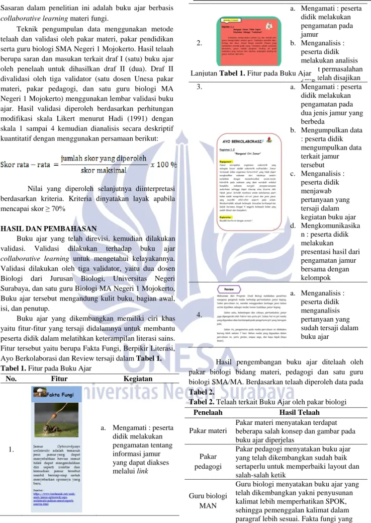 Tabel 1. Fitur pada Buku Ajar 