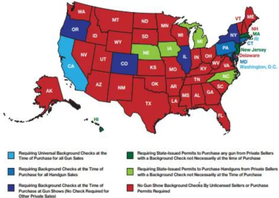 Gambar 3.4 Negara Bagian yang Mensyaratkan Pemeriksaan Riwayat Hidup  untuk Semua Penjualan Senapan Genggam Saat Pameran Senjata 
