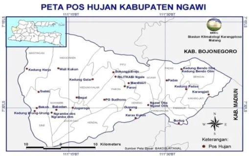 Gambar 3.1 Peta Lokasi Pos Hujan Kabupaten Ngawi  (Sumber : BMKG Karangploso Malang) 