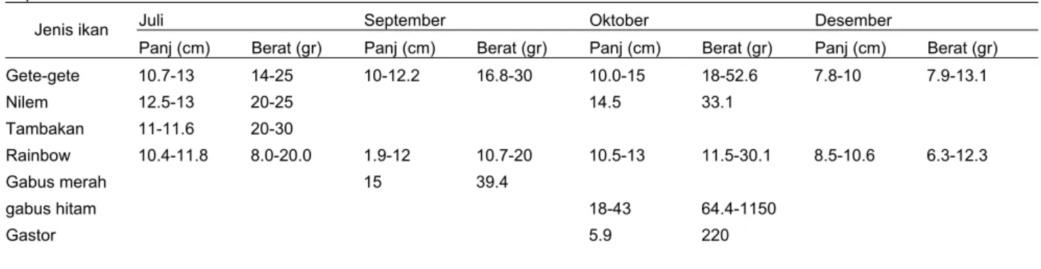Tabel 3.  Komposisi hasil tangkapan ikan dengan jaring insang berukuran 2; 2,5 dan 3 inchi selama penelitian di Danau Sentani Papua