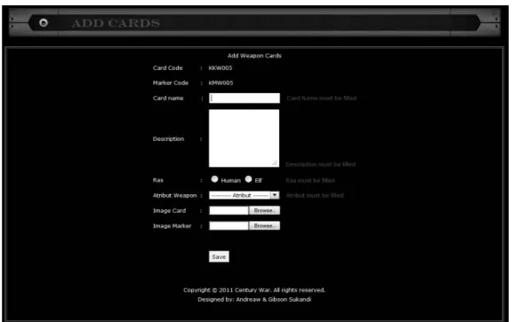 Gambar 45  Halaman Tampilan Menu Add Weapon Cards  (error message) 