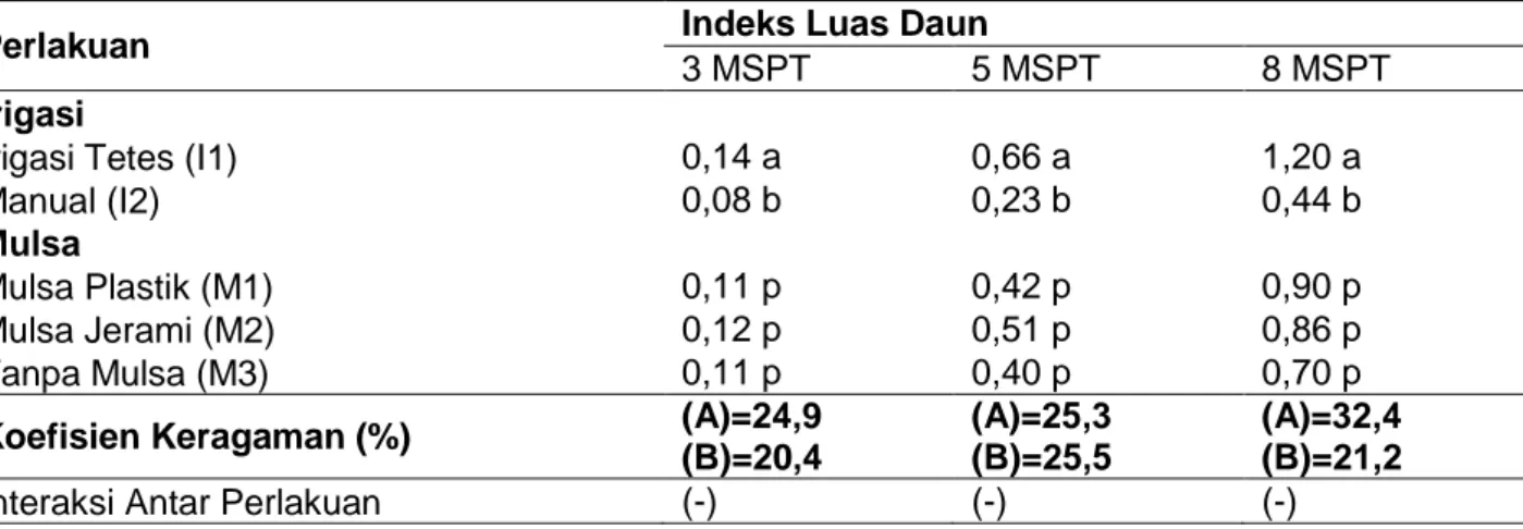 Tabel 2 menunjukkan bahwa indeks luas  daun tanaman tomat pada umur 3 mspt, 5 mspt,  dan  8  mspt  yang  diberi  irigasi  tetes  lebih tinggi  dari pada indeks luas daun tanaman yang diberi  penyiraman  secara  manual