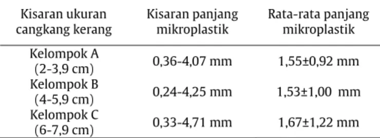Gambar  4.  Grafik  persentasi  kehadiran  mikroplastik  di  dalam  daging kerang hijau pada kisaran ukuran panjang cangkang kerang  berbeda