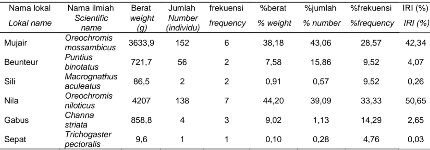 Tabel 2. Indeks relatif penting ikan yang tertangkap di Waduk Malahayu Table 2. Important relative index of fish species caught at Malahayu Reservoir