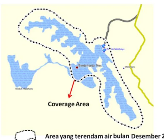 Gambar 1.   Coverage  area  survey  hidroakustik  pada  bulan  Desember  2012  di  Waduk Malahayu