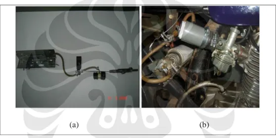 Gambar 3.1. (a) Sistem Penyaluran Gas LPG Model Lama, (b) Penempatan  Sistem Penyaluran  Gas LPG  Pada Sepeda Motor Model Baru ( Venturi Mixer)  3.2 INSTALASI ALAT UJI 