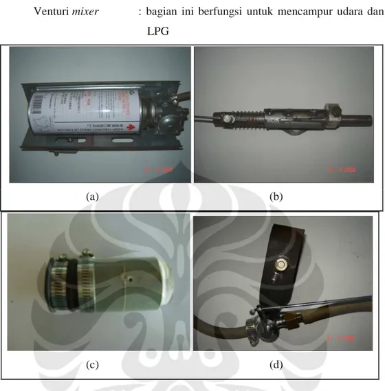 Gambar 3.2. (a) Kompor Gas Portabel, (b) Mekanisme, (c) Venturi Mixer dan (d)  Katup Penghubung 