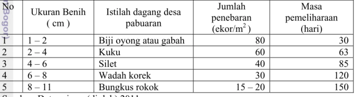 Tabel 11. Ukuran Benih dan Nama Dagang Ikan Gurame Pada Kegiatan Usaha di  Kelompok Tunas Mina Terpadu, Bulan April – Juni 2011 