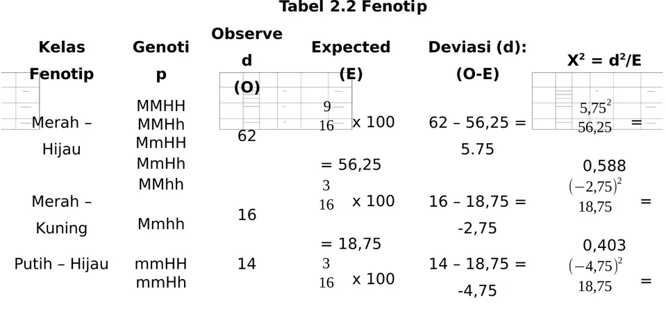 Tabel 2.2 Fenotip Kelas Fenotip Genotip Observed (O) Expected(E) Deviasi (d):(O-E) X 2   d 2 !E "erah B %ijau ""%% # 9 16  7 1 A @,#@ # B @,#@ A@.:@ 5,75 256,25  A ,@$$""%h"m%%"m%h "erah B Euning ""hh 1 3 16