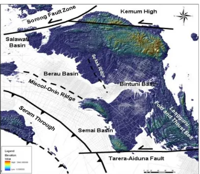 Gambar 4.4. Peta Geologi Regional Kepala Burung (KB). (Dumex, dkk 2007, BP Indonesia) Cekungan   Bintuni,   tersusun   oleh   beberapa   komponen   yang   membentuk   sistem petroleum   meliputi   batuan   induk,   reservoar,   migration   time,  perangkap