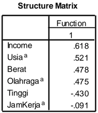 Tabel STRUCTURE MATRIX menjelaskan korelasi antara variabel  independen  dengan  fungsi  diskriminan  yang  terbentuk
