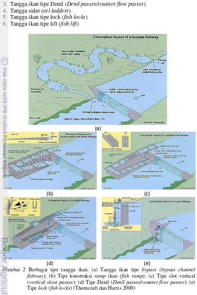 Gambar 2 Berbagai tipe tangga ikan: (a) Tangga ikan tipe bypass (bypass channel 