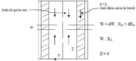 Gambar 2.3 Penampang membujur dari wetted wall column untuk bagian dimana  perpindahan massa fasa diukur/ditelaah 