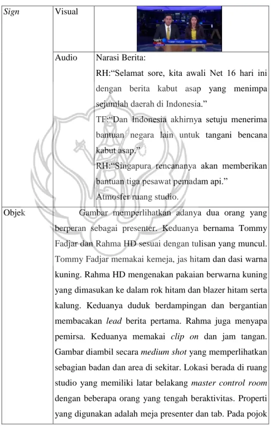 Tabel 9. Semiotika Visual dan Audio Berita Pertama  Sign   Visual  