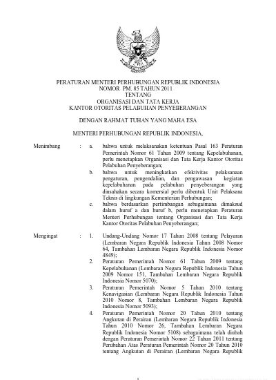 PERATURAN MENTERI PERHUBUNGAN REPUBLIK INDONESIA NOMOR PM. 85 TAHUN ...