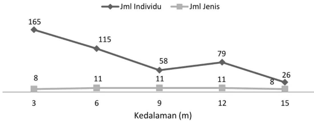 Gambar  3.  Jumlah  jenis  dan  individu  berdasarkan  kedalaman  di  16  stasiun penelitian