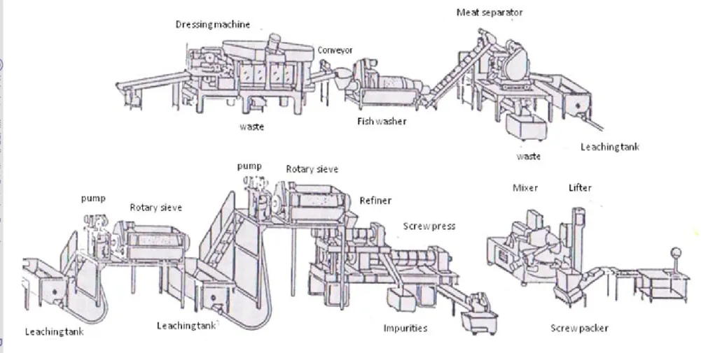 Gambar 3 Skema proses pengolahan pada industri surimi (Lee 1986). 