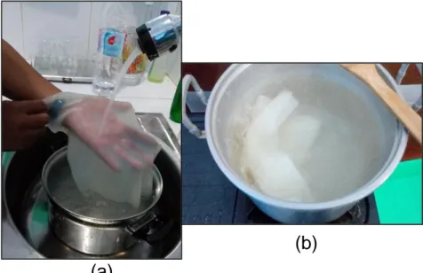 Gambar 3. Pemotongan Nata De Fish (a); Minuman Nata De Fish (b) 