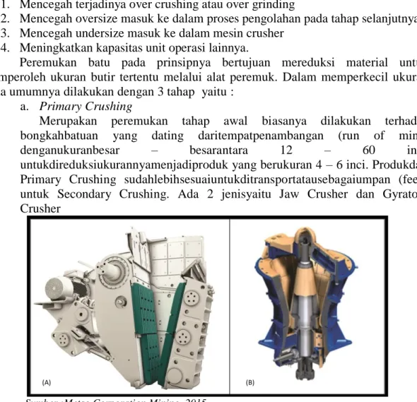 Gambar 1. Jaw Crusher (A), Gyratory Crusher (B)  b.  Secondary Crushing 