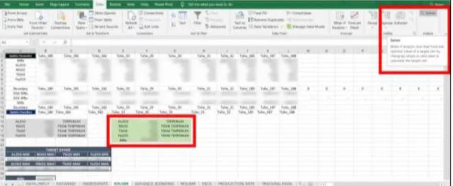 Gambar 7. Penggunaan Sheet SOLVER dari data Sheet INGREDIENTS. 