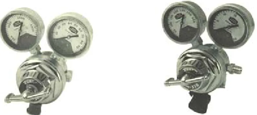 Gambar 2.16 Regulator Oksigen (kiri) dan regulator acetylene (kanan) 