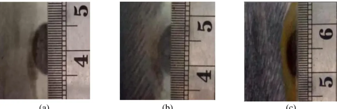 Gambar 5. Struktur makro dengan diameter elektroda 3,2 mm dan variasi kecepatan las (a) 1  mm/s, (b) 1,5 mm/s, dan (c) 2 mm/s 
