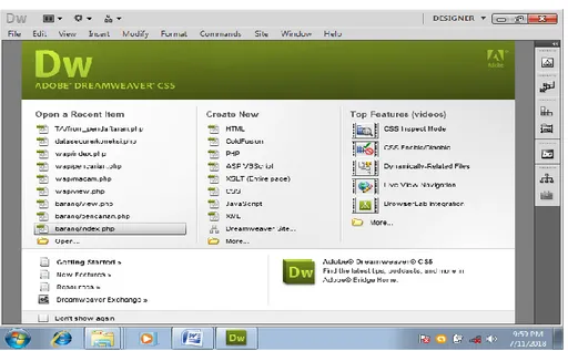 Gambar 2.3 Tampilan halaman welcome screen Dreamweaver CS5  (Madcoms,2011) 