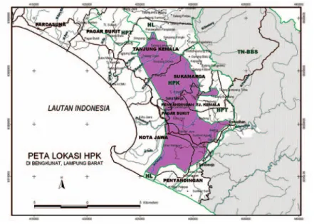 Gambar 9. Peta lokasi HPK di Kecamatan Bengkunat, Kabupaten Lampung Barat. (Sumber Peta WWF Lampung Program, 2005)