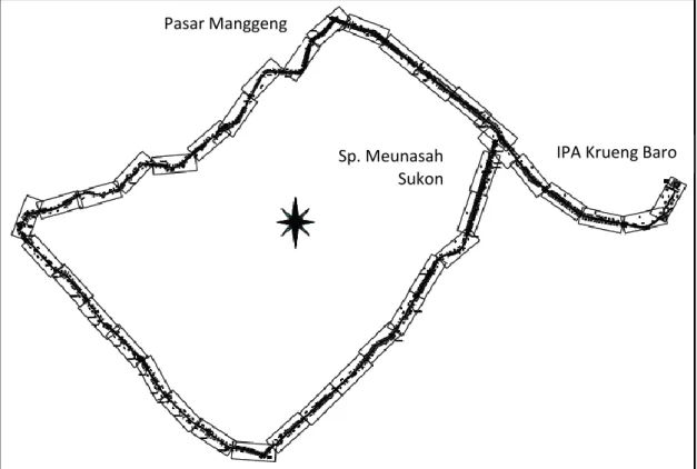 Gambar 5. Peta pengukuran topografi jaringan pipa PDAM Kec. Lembah Sabil dan Manggeng 