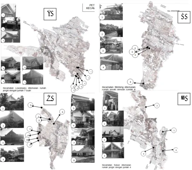 Gambar 1. Lokasi penelitian di Kota Malang beserta objek studinya. (A) Kecamatan  Lowokwaru, (B) Kecamatan Blimbing, (C) Kecamatan Klojen, (D) Kecamatan Sukun