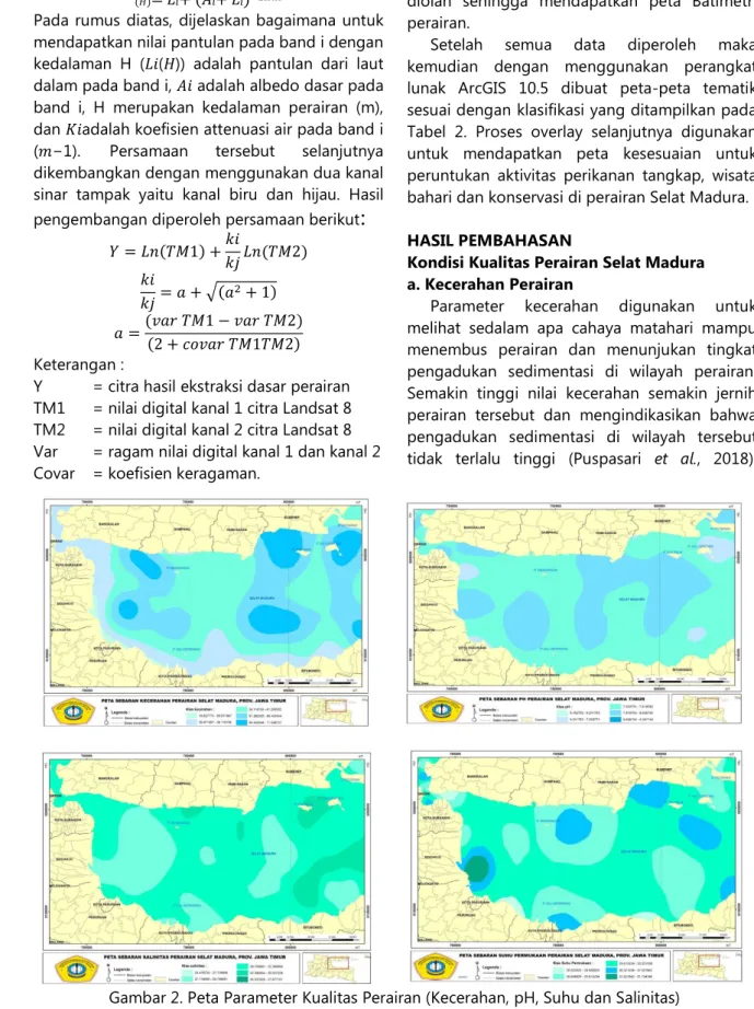 Gambar 2. Peta Parameter Kualitas Perairan (Kecerahan, pH, Suhu dan Salinitas)   Perairan Selat Madura 
