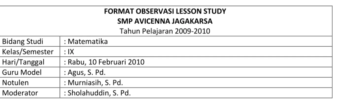 Tabel 4. Format observasi Lesson Study (Kelompok Guru Sekolah Menengah)  FORMAT OBSERVASI LESSON STUDY 