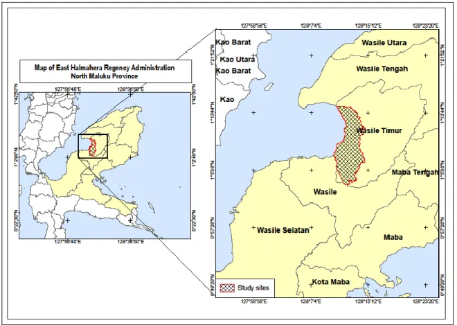 Gambar 1. Peta letak lokasi penelitian di Kabupaten Halmahera Timur  Penelitian  ini  pendekatan  analitik  dimana 