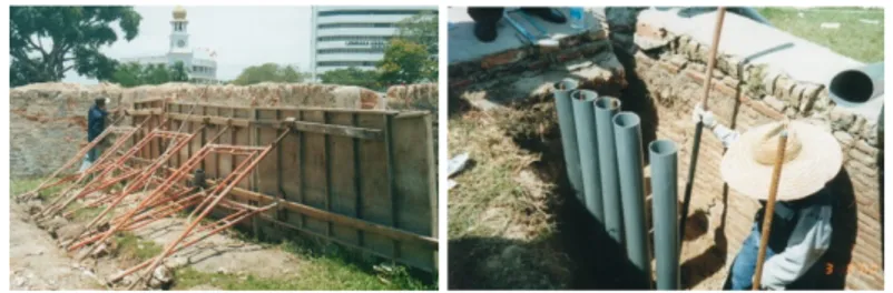 Gambar  2.2:  Contoh  peneguhan  dinding  tembok  asal  menggunakan kaedah ‘wall jacking’ dan ‘micro piling’.     Sumber: Projek Pemuliharaan Kota Corwallis, Pulau Pinang, 2001    2.3.6  Perlindungan        Struktur dan komponen bangunan bersejarah perlu d