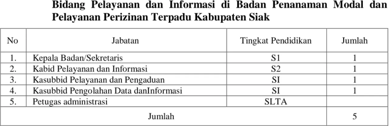 Tabel 1 :  Data  Pegawai  Berdasarkan  Jabatan  dan  Tingkat  Pendidikan  Pada  Bidang  Pelayanan  dan  Informasi  di  Badan  Penanaman  Modal  dan  Pelayanan Perizinan Terpadu Kabupaten Siak 