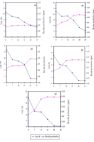 Gambar 10. Pertumbuhan bakteri dan penurunan residu profenofos selama Pengomposan (a) K1 (b) K2 (c) C/N 40 (d) C/N 35 dan (e)C/N 30 