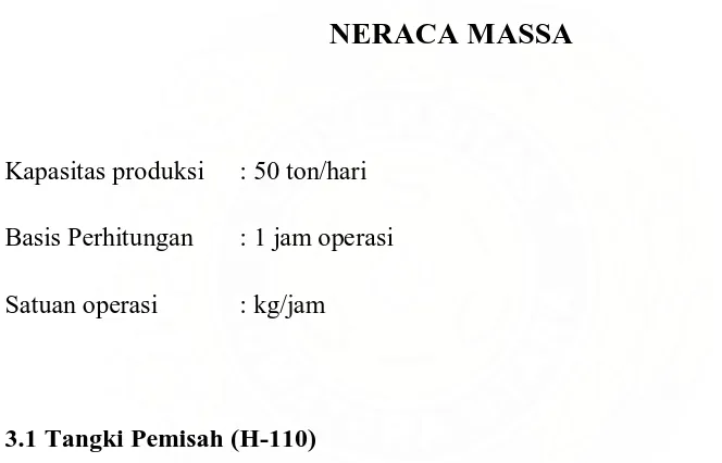 Tabel 3.1 Neraca Massa pada tangki pemisah (H-110) 