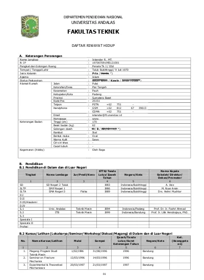 Departemen Pendidikan Nasional Universitas Andalas Fakultas Teknik 