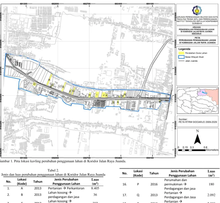 Gambar 1. Peta lokasi kavling perubahan penggunaan lahan di Koridor Jalan Raya Juanda