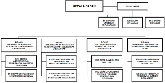 Gambar 1. Bagan Struktur Organisasi Bapedalda Provinsi Sumatera Barat  Dalam  rangka  menghadapi  kondisi  dan  permasalahan  lingkungan  nasional  dan  lokal,  Kepala Bapedalda telah menetapkan Visi Bapedalda, yaitu: 