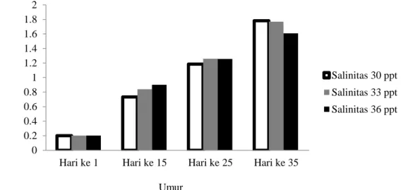Gambar 16. Histogram pertumbuhan lebar cangkang abalon hybrid (H. squamata ♂  X H. asinina ♀) pada tingkat salinitas  berbeda