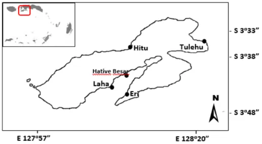 Gambar 1 Pulau Ambon, Provinsi Maluku, dan lokasi pendaratan ikan selar bentong (Selar  crumenophthalmus)  