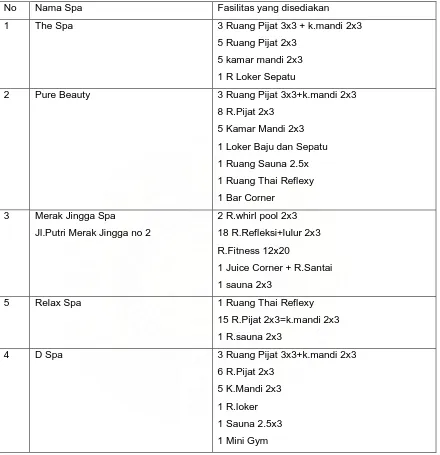 Tabel 2.10. Tabel Fasilitas yang tersedia pada beberapa Spa di Medan tahun 2008 