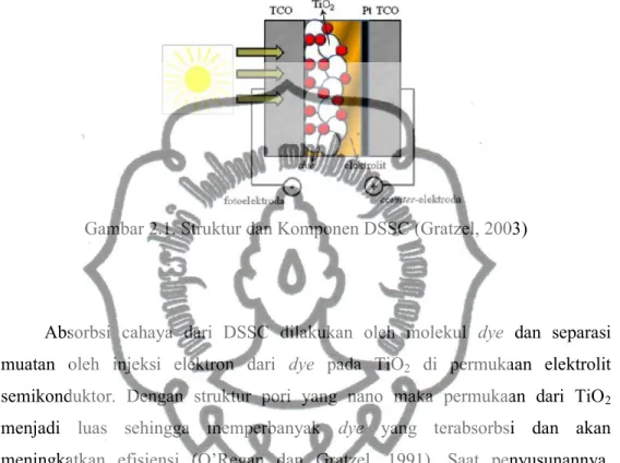 Gambar 2.1. Struktur dan Komponen DSSC (Gratzel, 2003)
