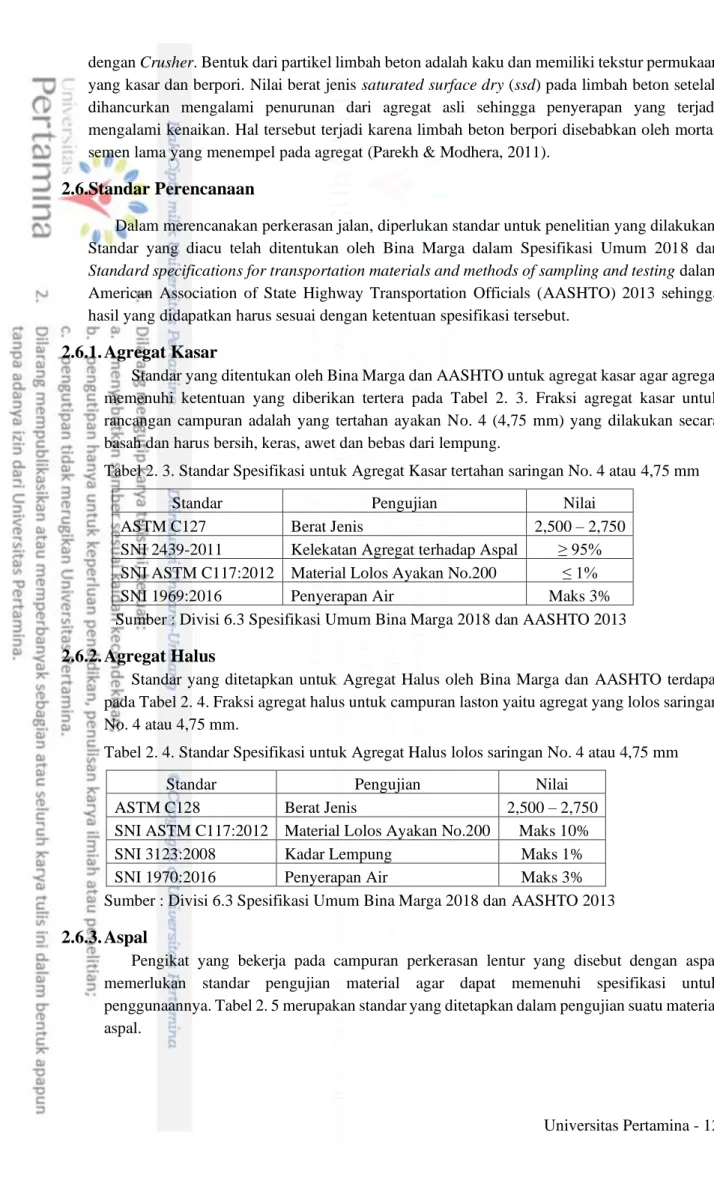 Tabel 2. 3. Standar Spesifikasi untuk Agregat Kasar tertahan saringan No. 4 atau 4,75 mm 