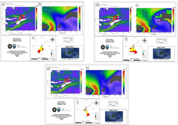 Gambar 3. Pola sirkulasi arus permukaan pada 16, 17 dan 21 April 2016  Keterangan: a,d,g) Sirkulasi arus perairan timur Indonesia b,e,h) Sirkulasi arus sekitar 